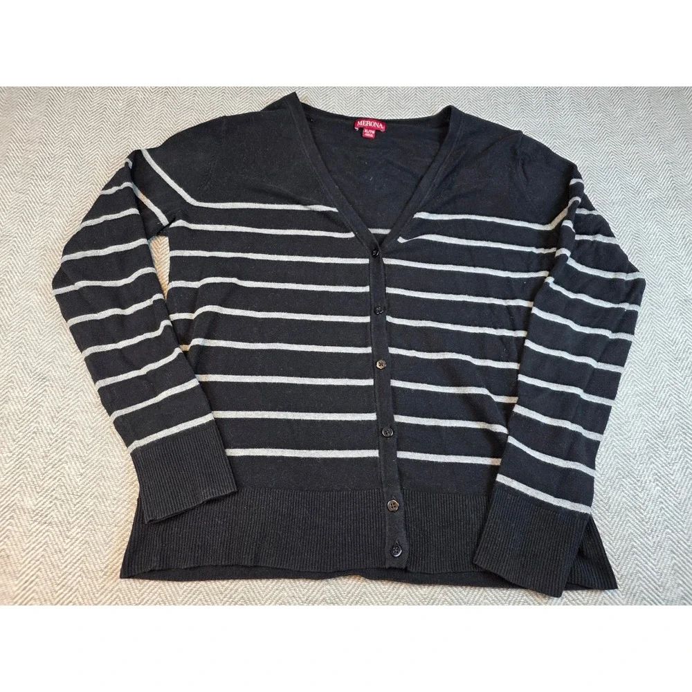 Merona Womens XL Black Gray Striped V-Neck Button Front Cotton Cardigan Sweater